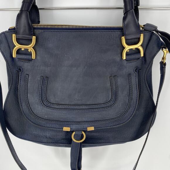 Chloe Marcie Graphite Suede Calfskin Satchel Medium Navy Blue Double Carry Bag - Picture 4 of 16